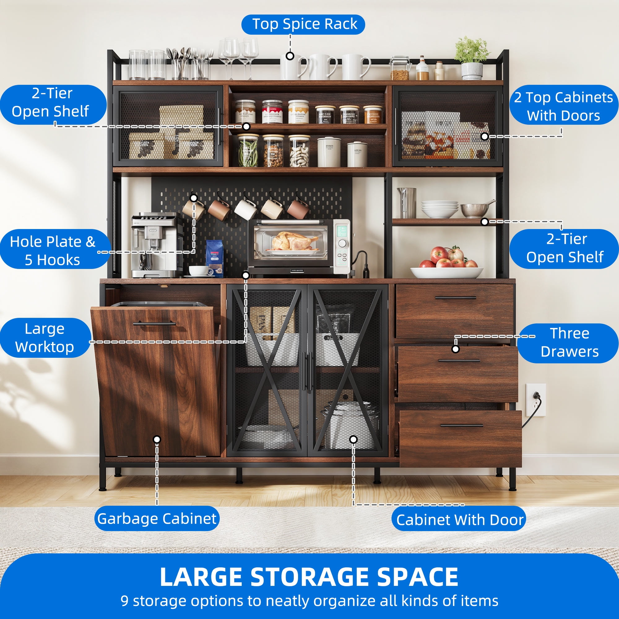 Uforic Pantry Cabinet with Power Outlets, Kitchen Buffet Hutch with Drawers and Storage Shelves, Brown