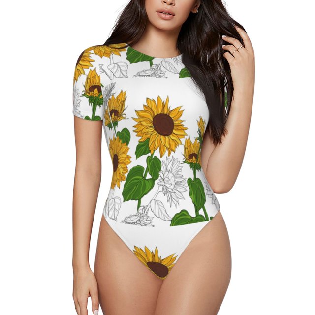 Fotbe Plump Sunflower And Sketch Body de Mujer con Cuello Redondo y Mangas Cortas, Sin Mangas Ajustado, Suave, Cómodo y Básico-Large