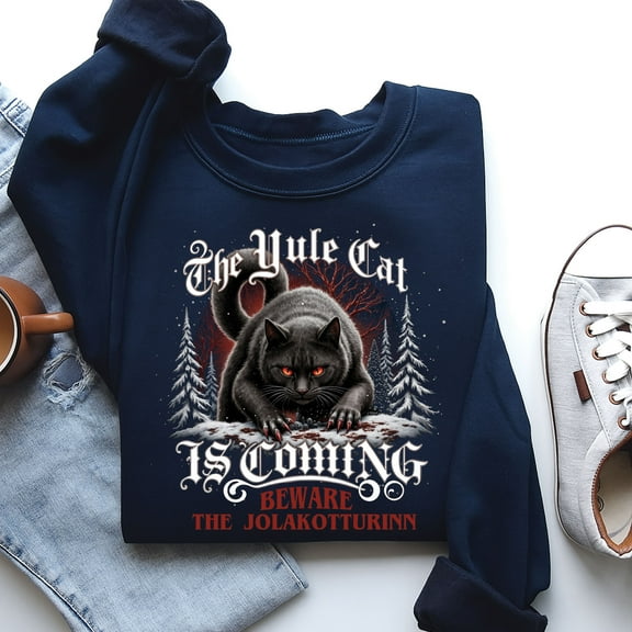 The Yule Cat Is Coming Sweatshirt – Jólakötturinn Christmas Cat Sweater, Gothic Yule Pullover, Icelandic Folklore Winter Solstice Shirt, Krampus Cat Gift