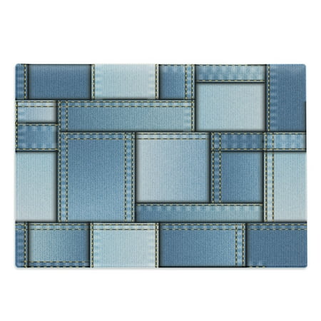 

Country Cutting Board Patchwork of Different Size Shapes Pattern Vertical Warp Beam Artprint Geometric Decorative Tempered Glass Cutting and Serving Board Large Size Blue by Ambesonne