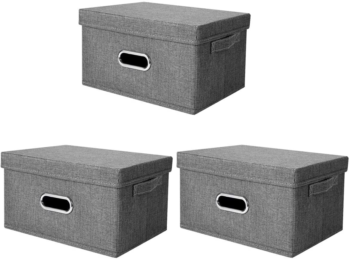 Storage Bins with Lid, Foldable Linen Fabric Storage Boxes with Dual Handle, Collapsible Closet