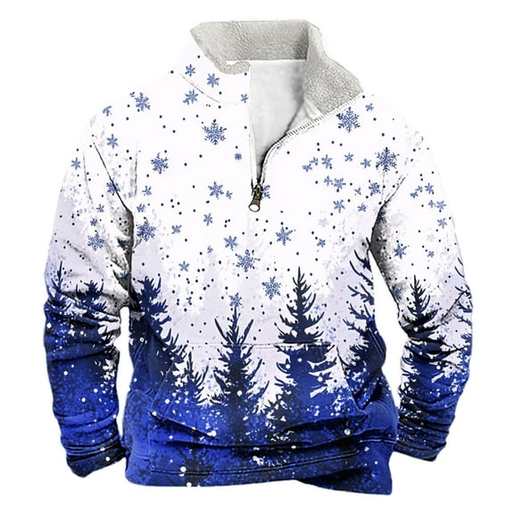 KeShDi Christmas Crew Neck Sweatshirt for Mens Casual Fashion Stand Collar Print Zipper Pullover Long Sleeve Sweatshirt Blue2X