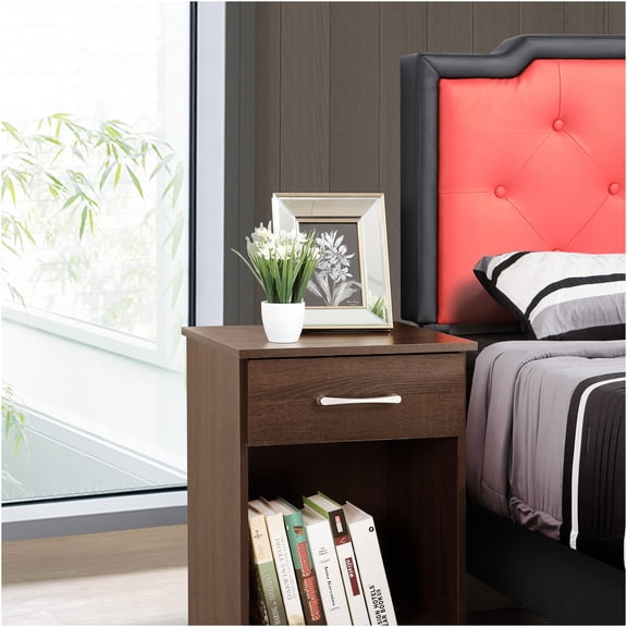 JERFIT Modern Nightstand with 2 Drawers, Brown Wood Bedside Table for Bedroom, Small End Table with Sleek Design