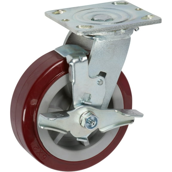 5 inch x 2 inch PRO-TECH Polyurethane Heavy Duty Industrial Non-Marking Top Plate Caster, 1 Swivel Top Lock Brake Caster, 750 LBS Load Capacity, MAROON (Single) - ICON 6600 Series