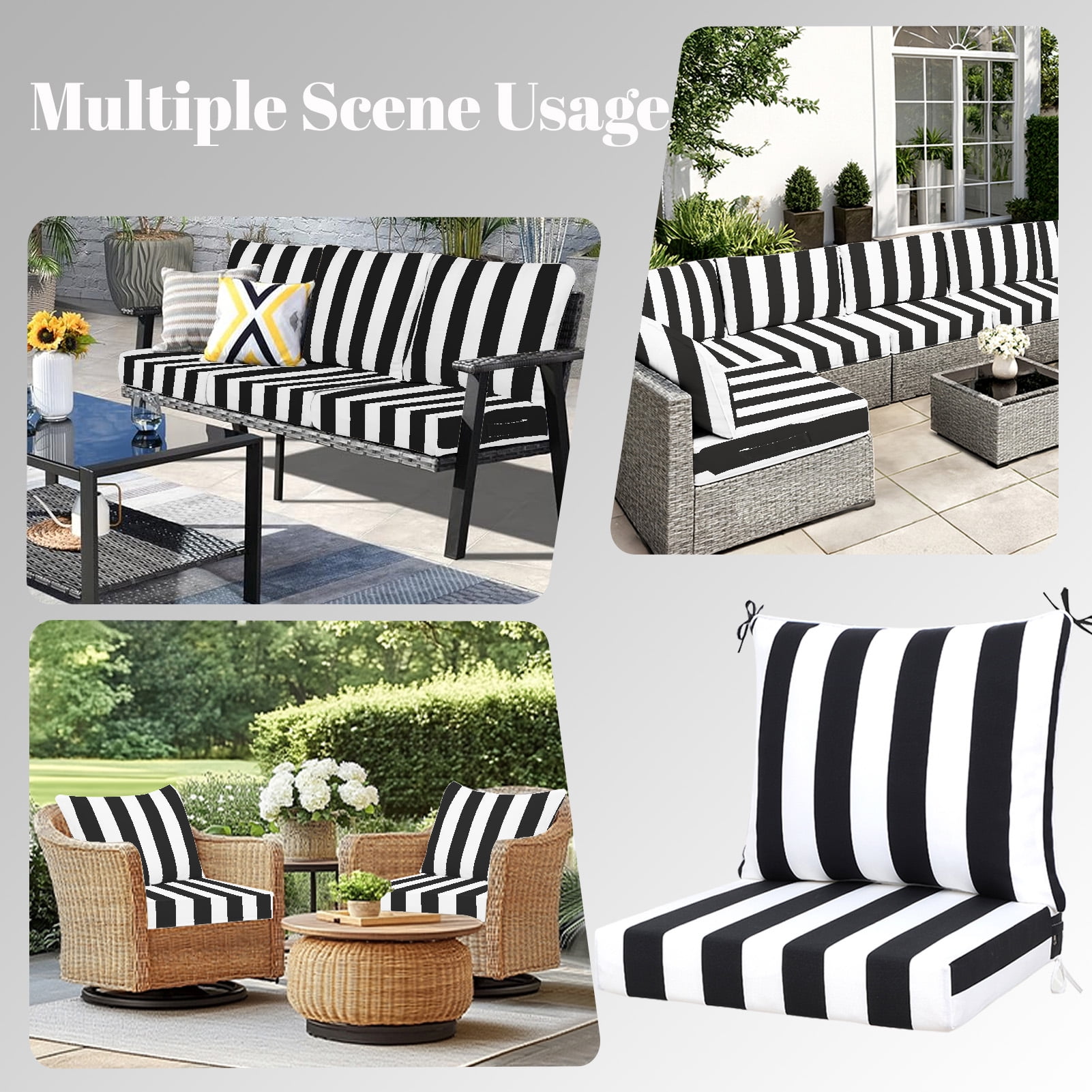 Outdoor Deep Seat Cushions Set, 24x24x4.3 inch, Fade Resistant, Waterproof Patio Chair Cushion with Backrest(black white）