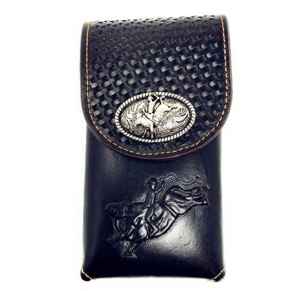 Western Cowboy Tooled Basketweave Leather Rodeo Concho Belt Loop Smartphone Holder Holster Case
