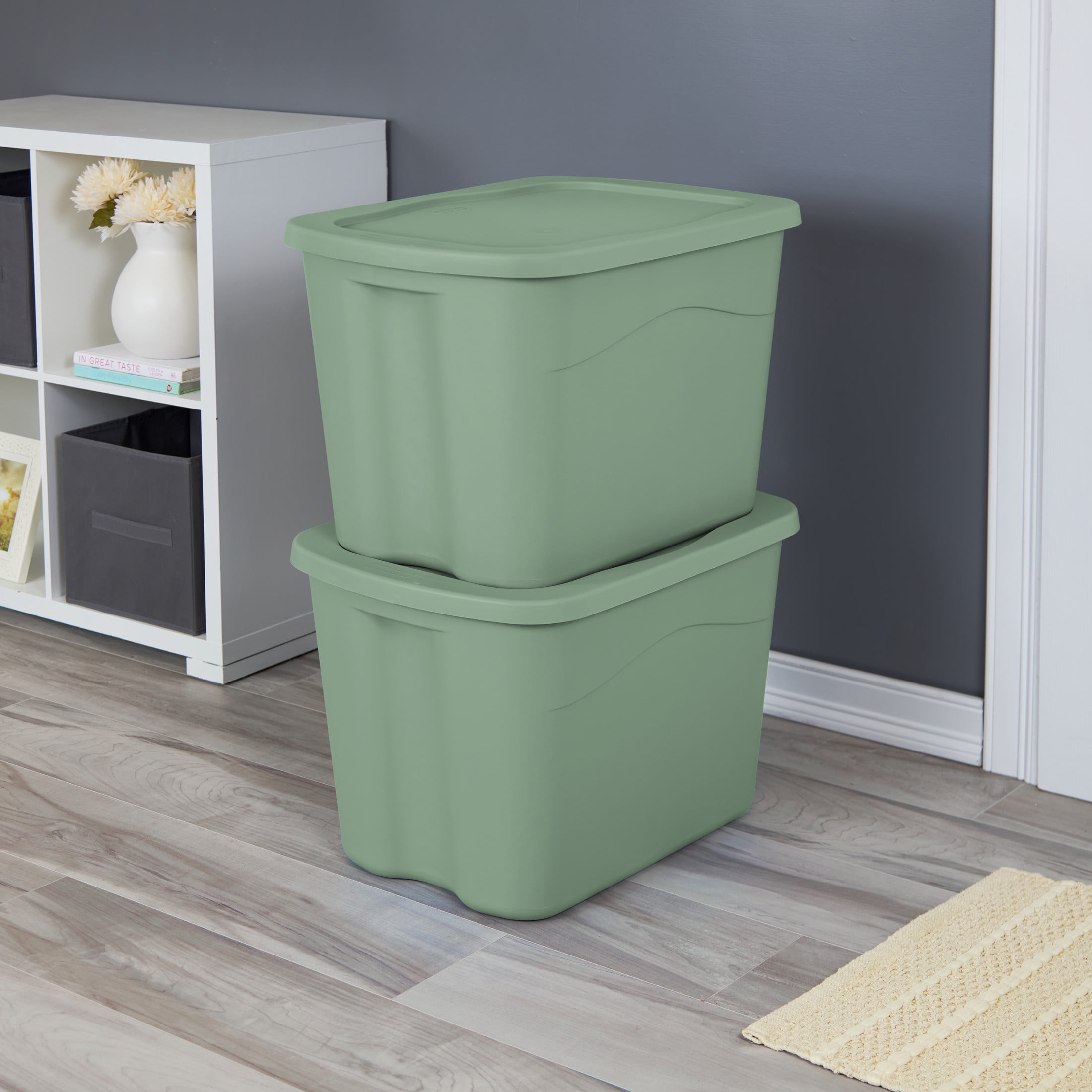 Sterilite Large Storage Bin, 18 Gallon Durable Plastic Storage Tote with Snap-On Lid , Green, 8 Pack