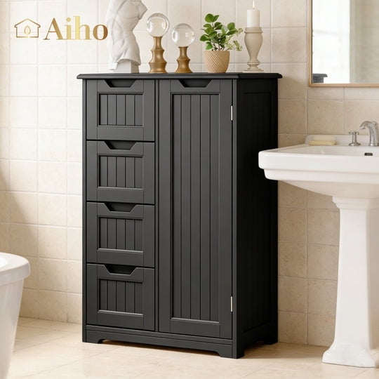Aiho Bathroom Floor Cabinet Storage Organizer Freestanding Wooden Cupboard with Door Drawers Adjustable Shelf for Small Spaces Laundry Room Kitchen Living Room Bedroom Home Office - Black