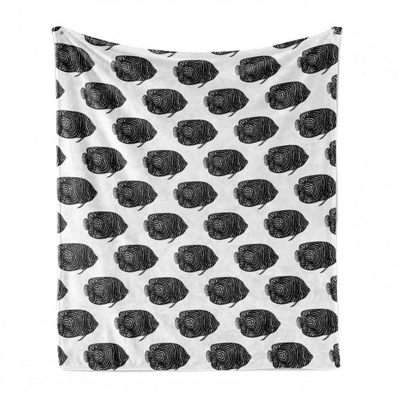Underwater Soft Flannel Fleece Blanket, Exotic Emperor Angelfish Pattern in Hand-Drawn Style Ocean Marine, Cozy Plush for Indoor and Outdoor Use, 50" x 60", Charcoal Grey and White, by Ambesonne