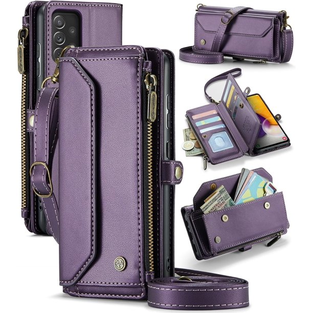funda billetera para Samsung Galaxy A72 con Protección RFID, Ranuras para Tarjetas, Pata de Cabra, Correa Desmontable-Funda para teléfono tipo Bandolera con Tapa de Cuero PU a prueba