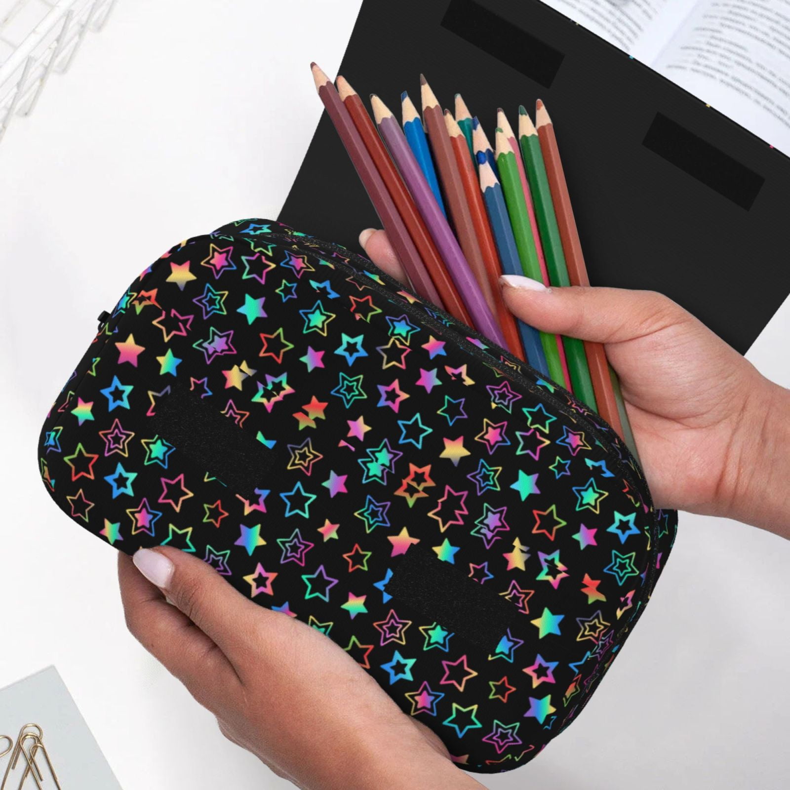 Rateoe Multi-Colored Stars Pattern Double Clamshell Pen Case, Storage Organizer with Two Zipper Compartments– Holds Up to 50 Pencils & Pens