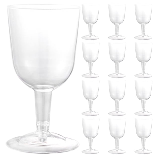 48 copas de plástico reutilizables para vino, transparentes, con fondo desmontable, para cócteles — vista frontal con una copa ampliada y una matriz de copas idénticas; cáliz redondeado con fuste y base desmontable en plástico transparente, tamaño 12 x 7 x 7 cm, capacidad 180 ml; diseñadas para fiestas, banquetes y uso doméstico; también suelen usarse para servir postres individuales en eventos.