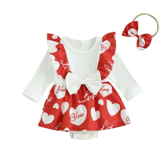 Musuos Infant Girls Valentine´s Day Romper Dress 3 6 12 18M Heart Print Long Sleeve Ruffled Jumpsuit Bow Headband