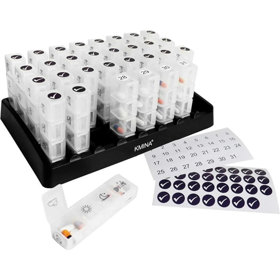 KMINA - Monthly Pill Organizer 4 Times a Day, Pill Box Monthly 31 Days, Vitamin Box Organizer Large, Pill Boxes and Organizer 4 Times a Day Month