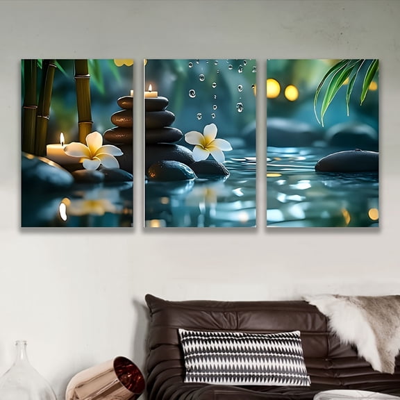 2D Flat 3pcs, Decorative Painting--Frameless, Zen-Inspired Plumeria, Stones & Candle Art for Relaxing Home Decor, Holiday Gifts, Birthday Gifts, Mothers Day, Fathers Day, home decor, 2D/Flat, Poster