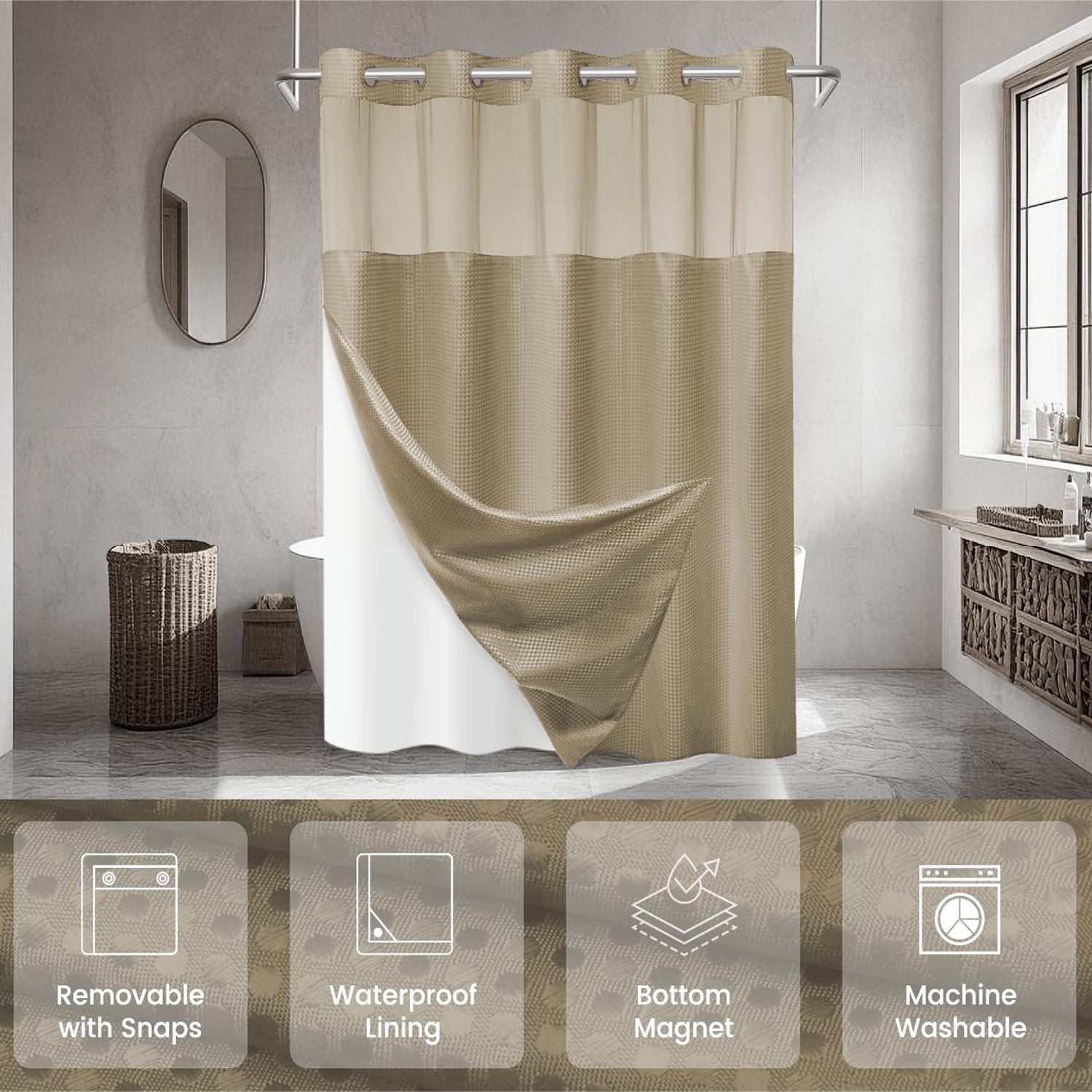 Waffle Weave Hookless Shower Curtain with Snap in Liner, DawnJoanHD Beige Polyester Fabric Shower Curtains with See Through Top Window, 71" x 74"
