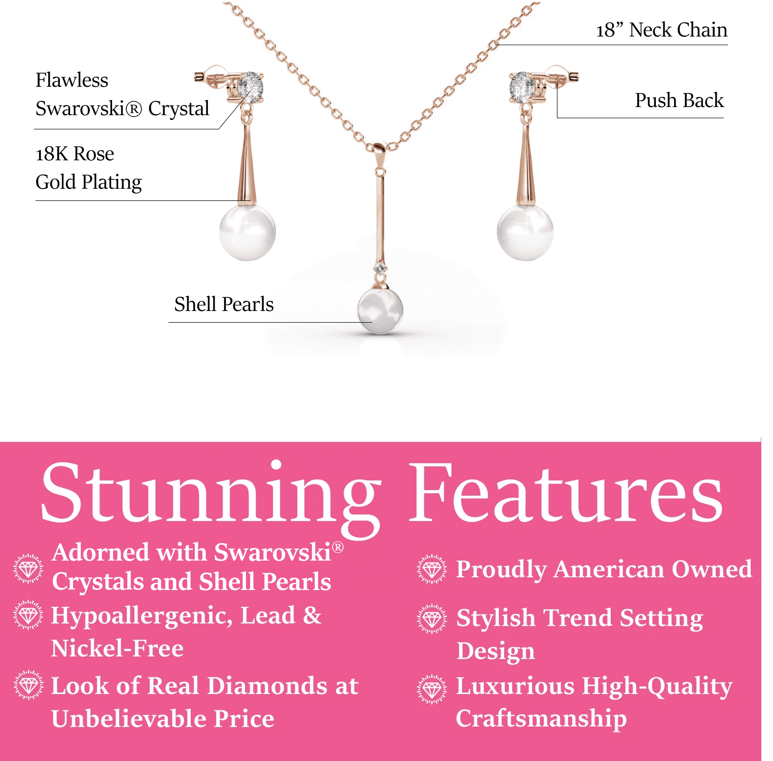 Cate & Chloe Tatum 18k Rose Gold Plated Jewelry Set with Pearl and Swarovski Crystals for Women