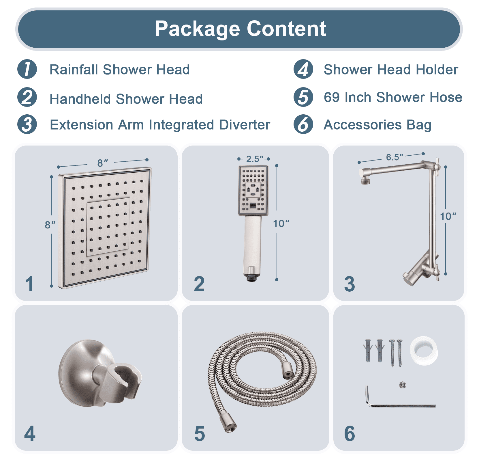 Bright Showers High Pressure Rain Shower Head Combo with Double Extension Arm, 8 Inch Rainfall Shower Head with Handheld Spray, Height Adjustable Dual Square Showerhead Set, Brushed Nickel