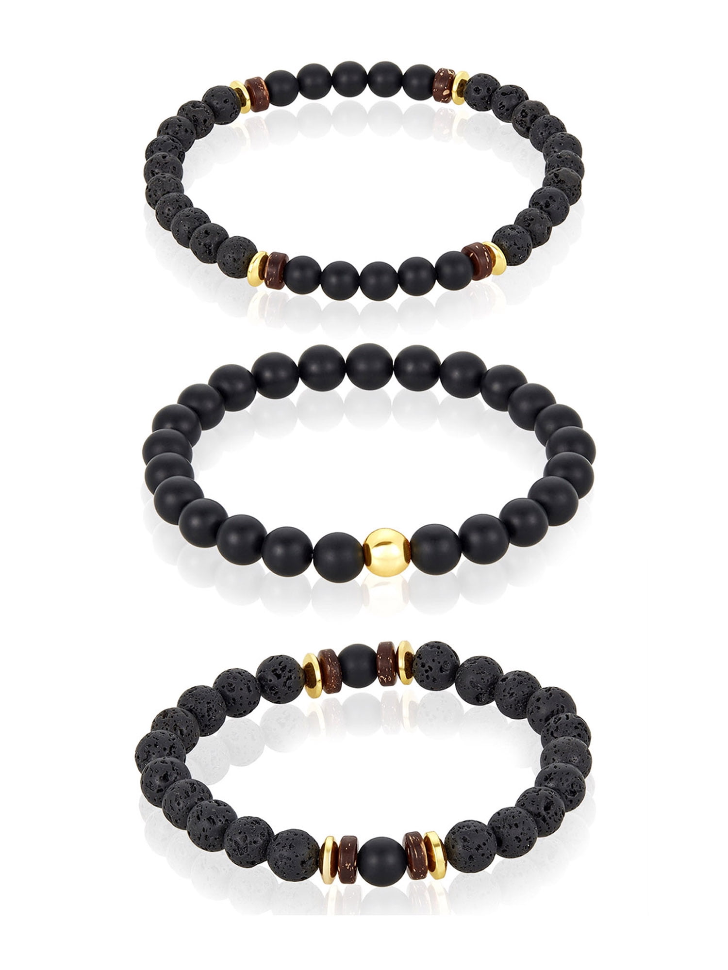 Coastal Jewelry Men's Matte Agate Stone with Gold Plated Hematite, Lava and Wood Beaded Stretch Bracelet Set of 3