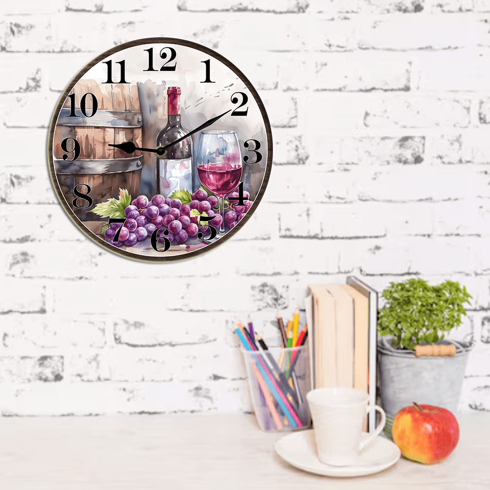Kurmntregon Wine Wall Clock Winery Bar Decorative Wall Clock Wooden Bathroom Clock Battery Operated Non Ticking Silent Clocks Living Room Decorative Clock Round 10inch
