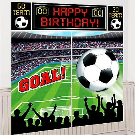 amscan soccer goal birthday party soccer scene setters wall decorating kit, multicolor