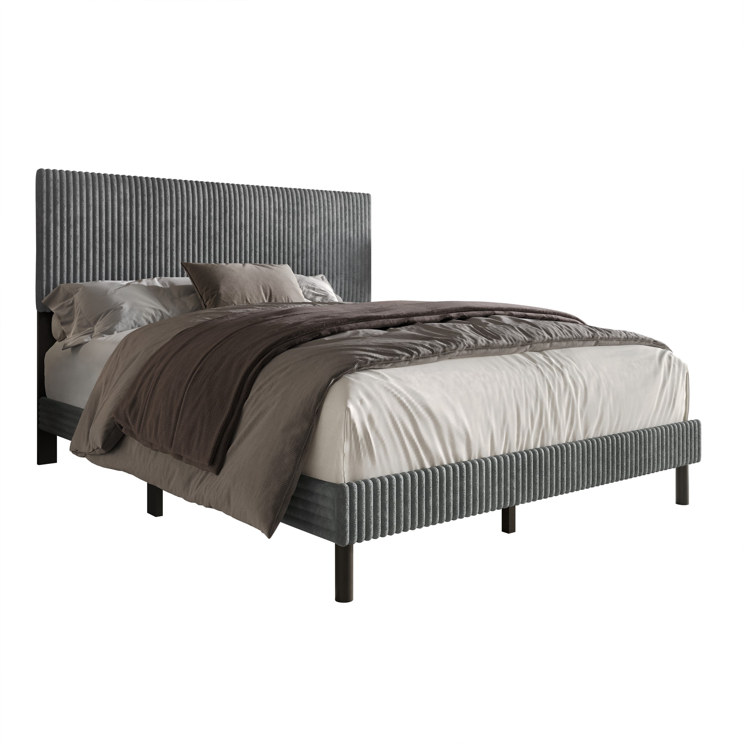 Home Design Osceola Queen Luxurious Corduroy Upholstered Panel Bed Framefor Adult, Gray, Easy Assembly, Box Spring Required (Sold Separately)