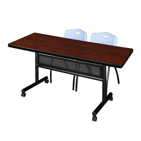 72" x 30" Flip Top Mobile Training Table w/ Divider- Cherry & 2 Stack Chairs