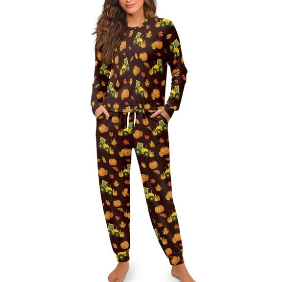 SCRAWLGOD Fall Decor Tractor Pumpkin Maple Leaf Women's Long-Sleeve Tops and Full-Length Pajama Set with Breast-Pocket Two-Piece Wrinkle-Free Cozy Pjs with Pockets Drawstring, S