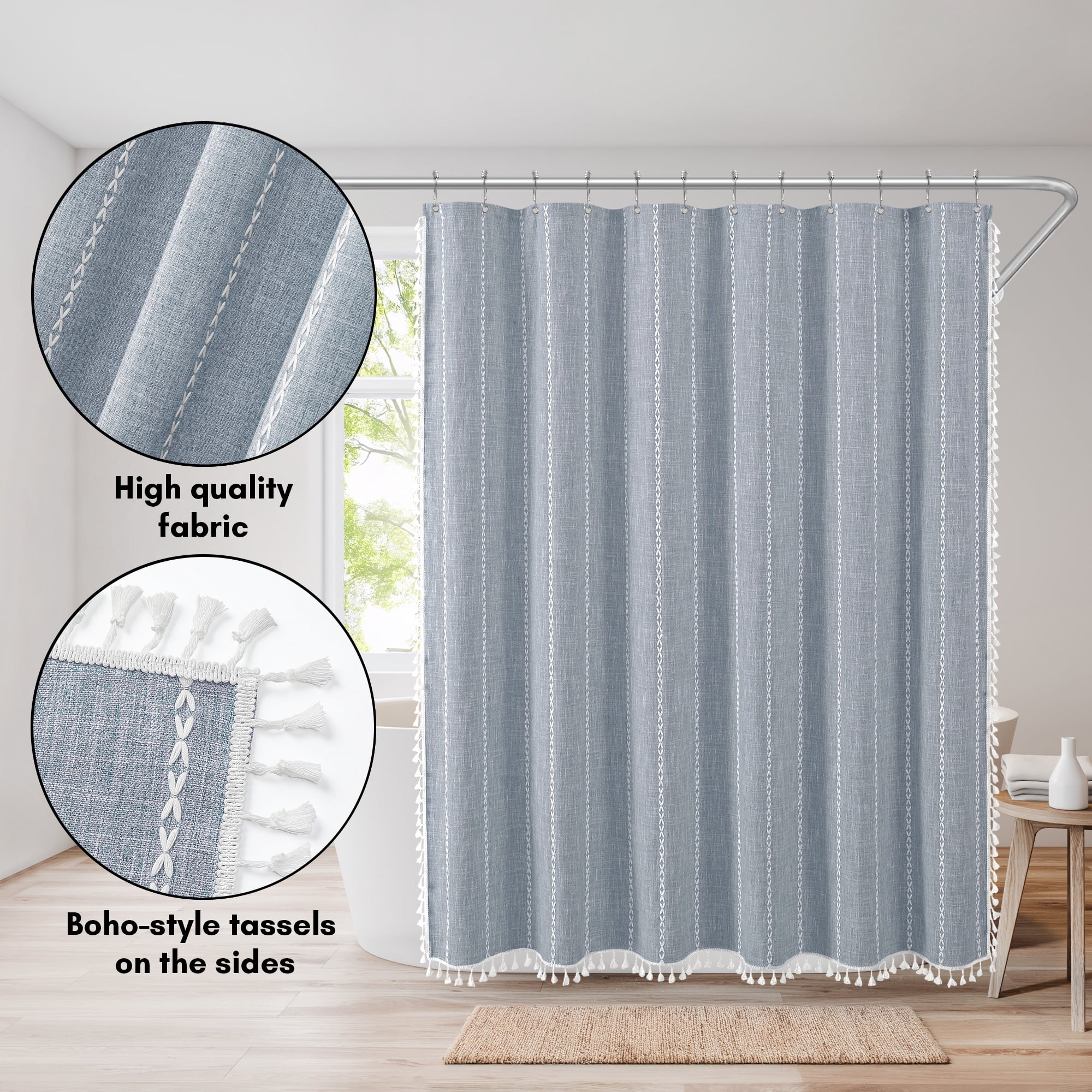 Americanflat 71x71 Woven Linen Blue Shower Curtain with Tassel Accents - Includes 12 Grommets and Hooks - 100% Polyester