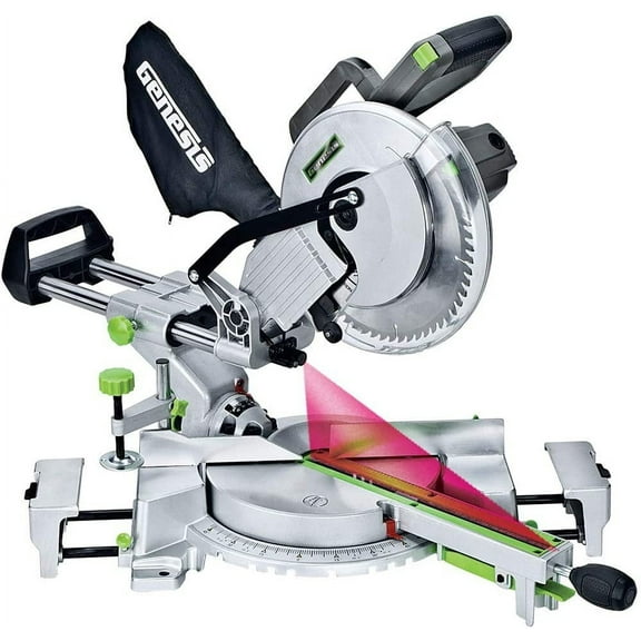 Genesis GMSDR1015LC 15 Amp 10" Sliding Compound Miter Saw with Laser Light, Electric Brake, Spindle Lock, Dust Bag, Extension Wings, and 60T Carbide-Tipped Blade
