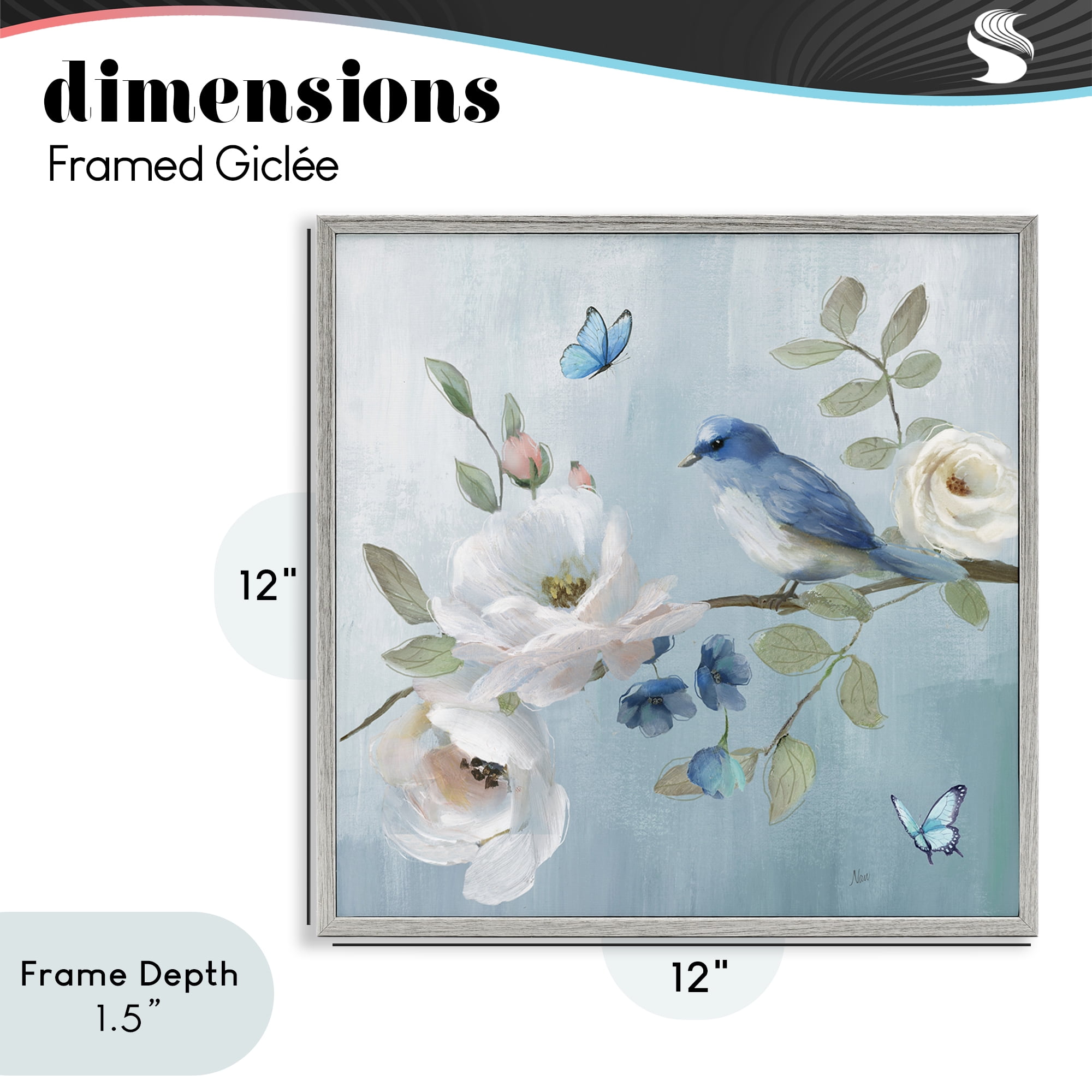 Stupell Industries Pastel Blue Bird Blooms Gray Framed Giclee Art, design by Nan