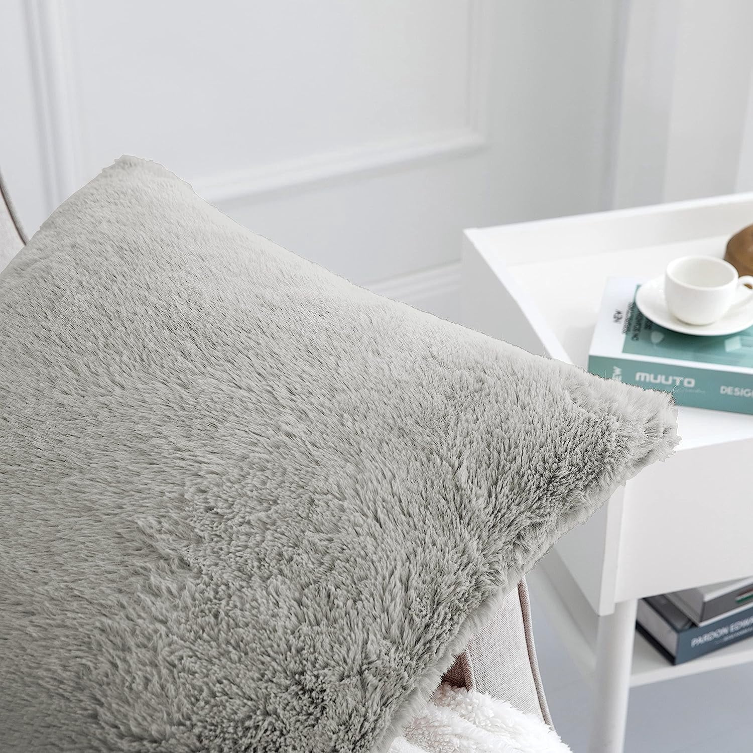 Home Soft Things Rabbit Faux-fur Throw Pillow Cover 4 Piece Set, 20" x 20", Light Grey