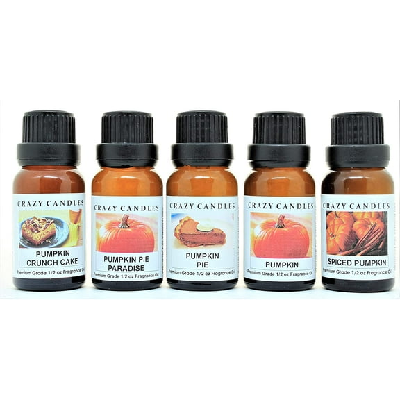 Crazy Candles 5 Bottles Set, 1 Spiced Pumpkin, 1 Pumpkin Pie, 1 Pumpkin Pie Paradise, 1 Pumpkin, 1 Pumpkin Crunch Cake 1/2 Fl Oz Each (15ml) Premium Grade Scented Fragrance Oils