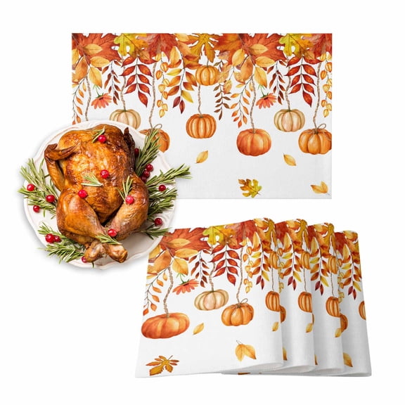 Fall Placemats Set of 4 Orange Pumpkin Place Mats Thanksgiving Placemat Fallen Maple Leaves Table Mats for Dining Kitchen Table Holiday Dinner Party Home Fall Decorations 13x19 Inch