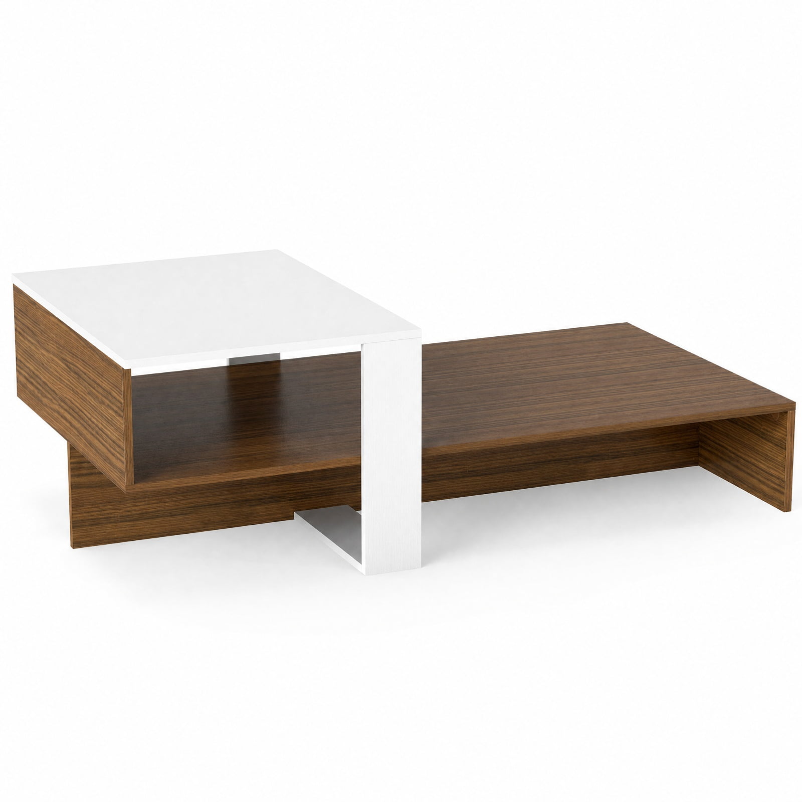 Furnibear 2 Tier Modern Irregular Coffee Table with Open Storage Shelf and Geometric Silhouette for Living Room for Home and Living Space, White and Brown