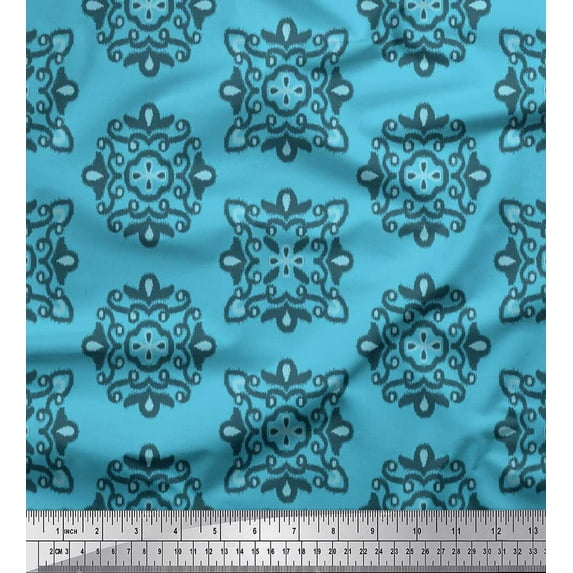 Soimoi Blue Cotton Voile Fabric Damask Ikat Print Fabric by the Yard 42 Inch Wide