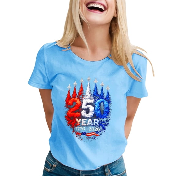 CUSTG Women T-Shirts Casual Short Sleeve Round Neck T Shirt With Letter Print Everyday 1776-2026 Celebrate America's 250th Anniversary Cozy Tops