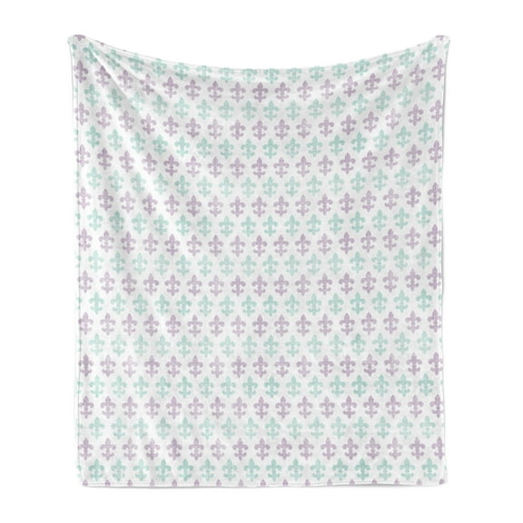 Fleur De Lis Soft Flannel Fleece Throw Blanket, Abstract Old Fashioned Lily Flowers Grunge Look Pastel Colors, Cozy Plush for Indoor and Outdoor Use, 50" x 60", Mint Green Lilac White, by Ambesonne