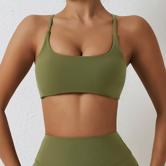VISALY Sports Bras For Women Racerback Bra Women's Sports Bra Padded Crossed Back Bustier Without Underwire Spaghetti Straps For Yoga Fitness wireless bras Padded Bra Comfortable Bras Army Green L