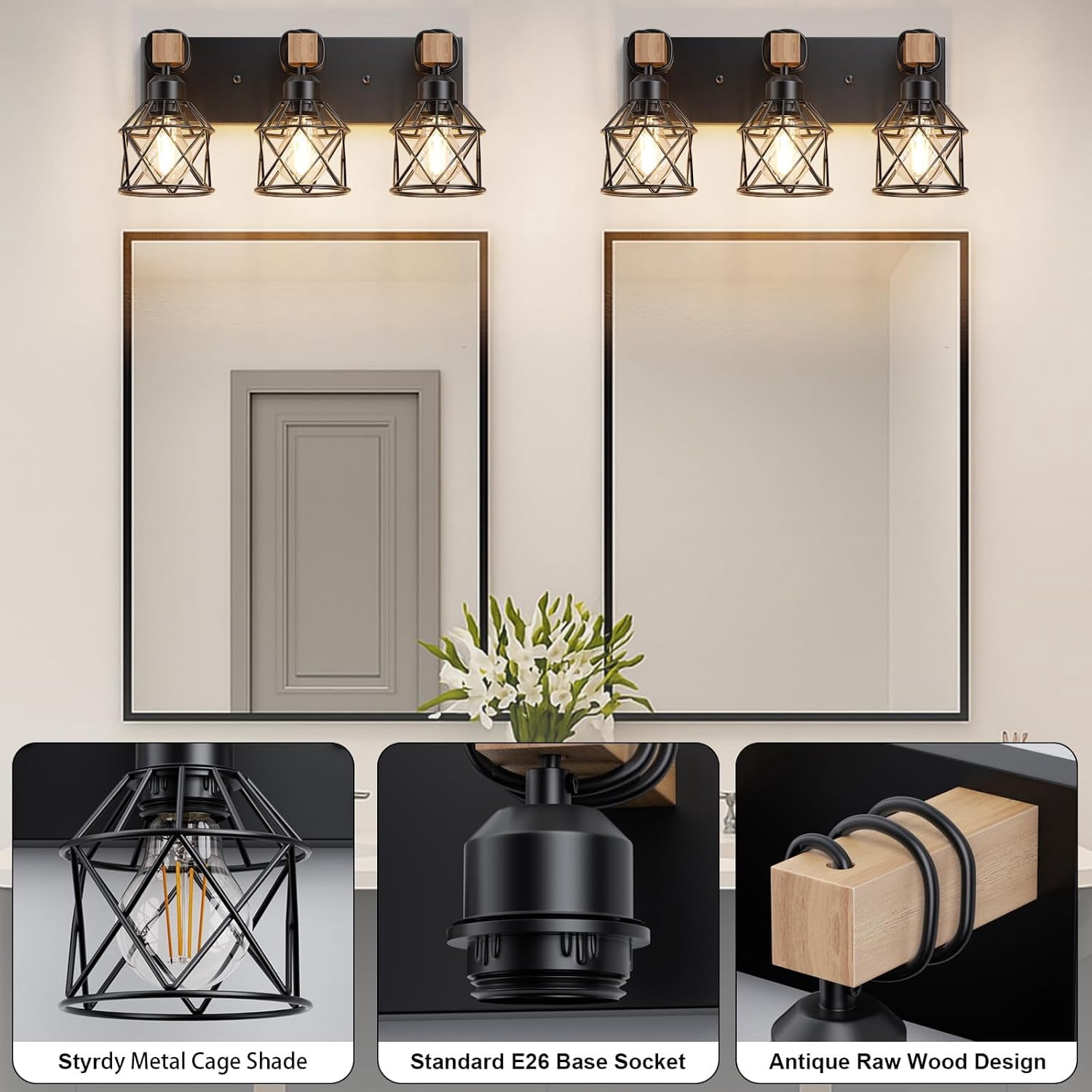 Farmhouse Vanity Light for Bathroom, 3-Light Wood Bathroom Vanity Light Fixtures Over Mirror, Black Rustic Wall Sconce with Cage Metal Lampshade, Vintage Wall Lights for Bedroom, Living Room, Hallway