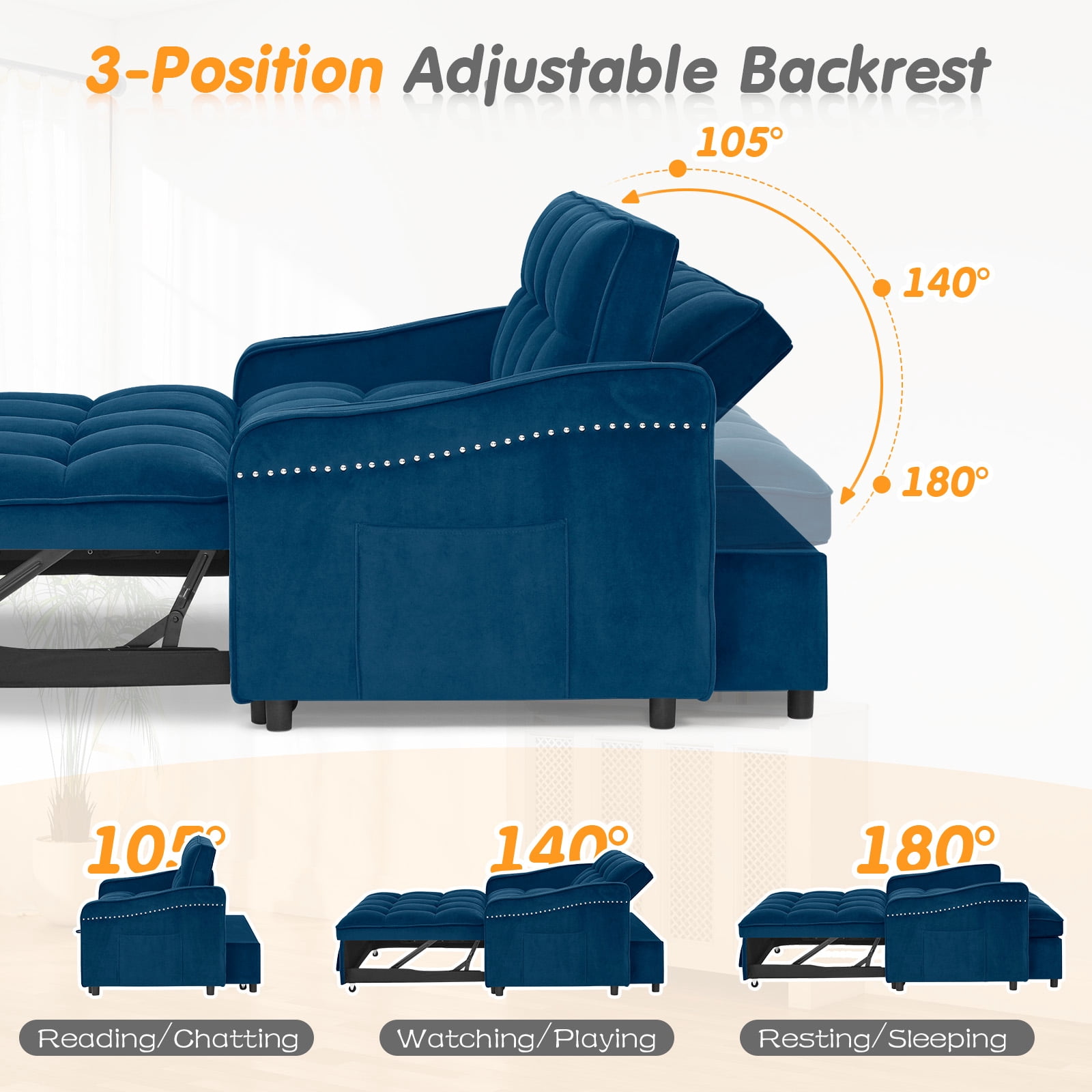 Lunale Loveseat Sleeper with USB/Type-C, Convertible Sleeper Sofa Bed for Living Room/Apt, Blue Velvet