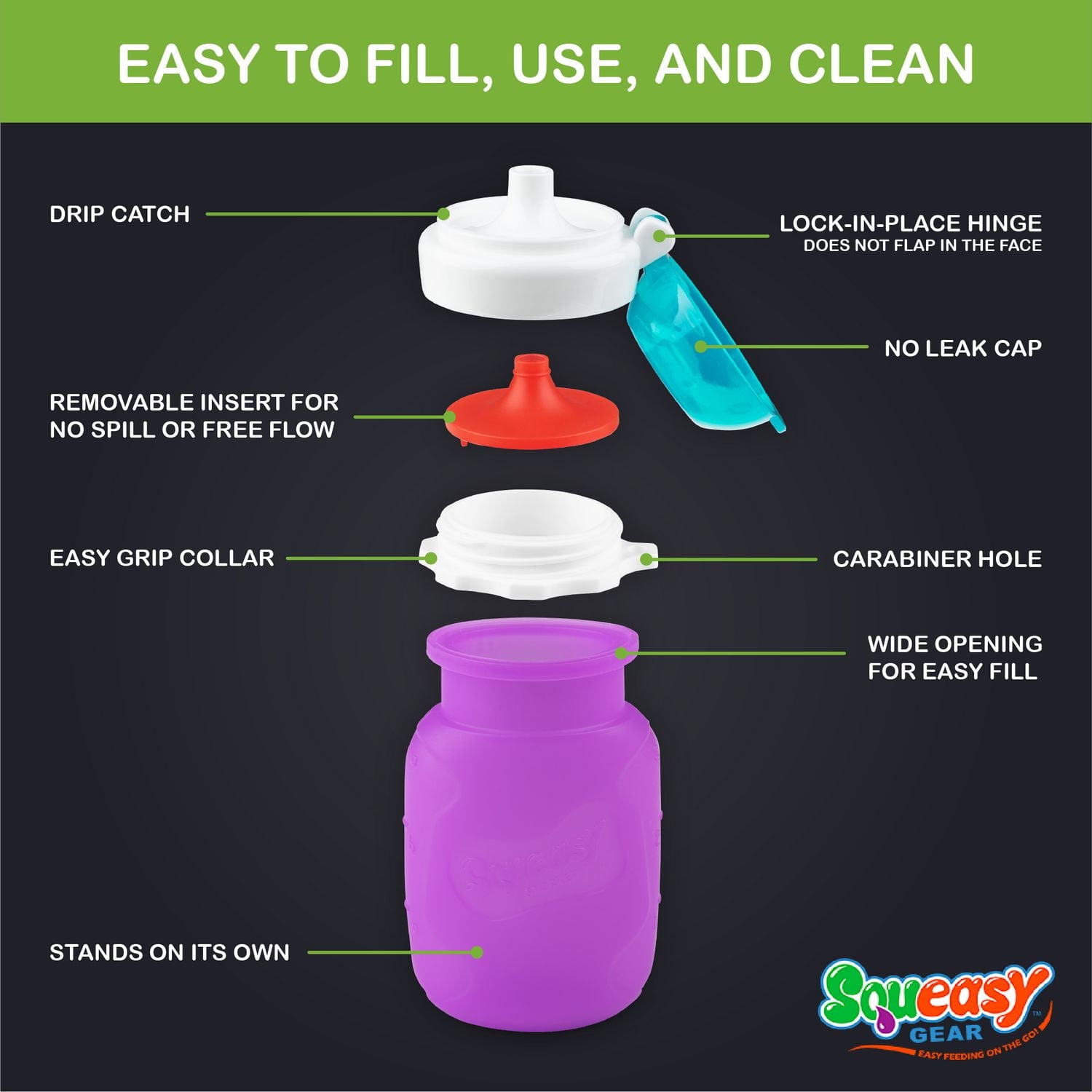 Squeasy Gear - Snacker Baby Reusable Food Pouch with No Spill Insert