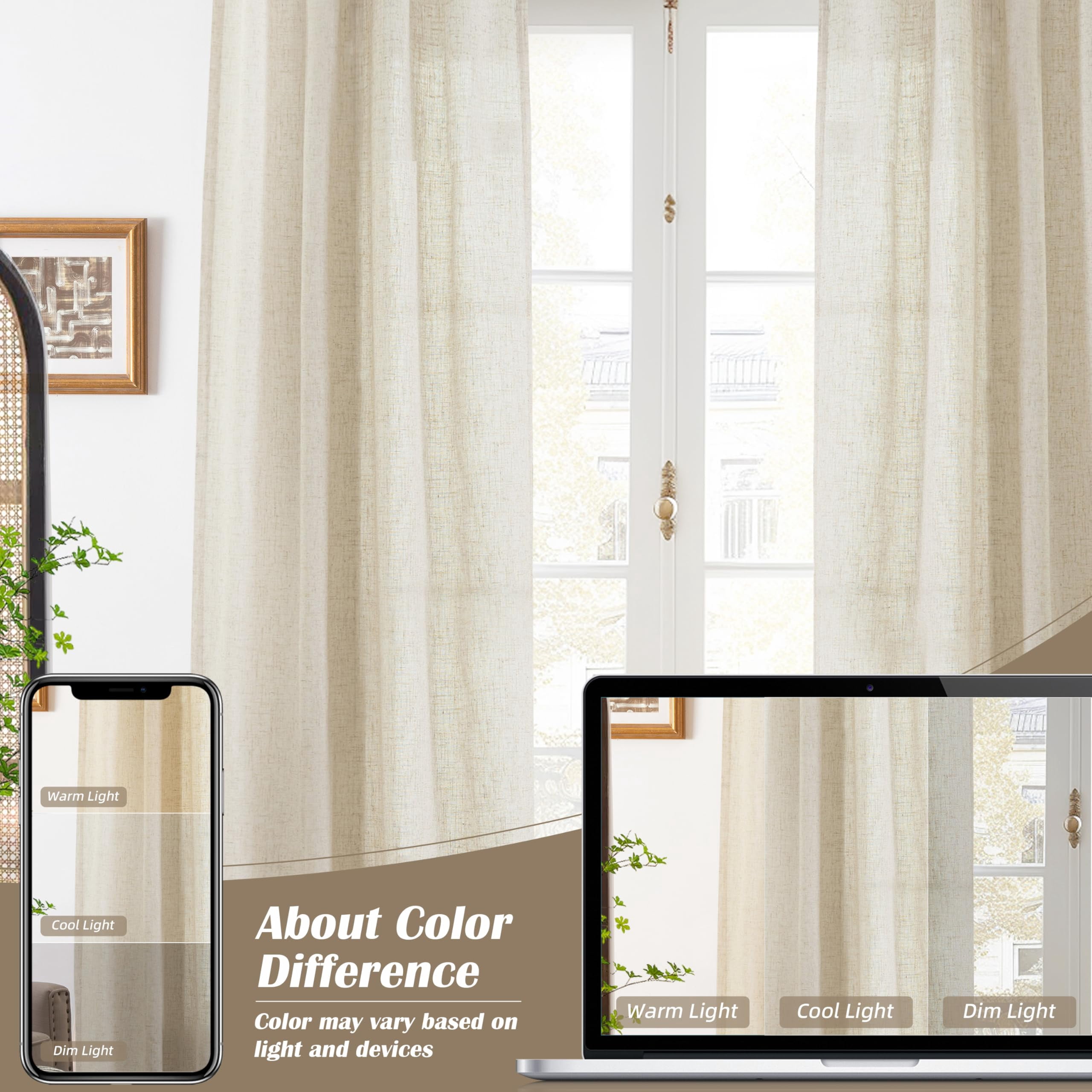 DriftAway Natural Linen Curtains 84 Inches Long 3 Pound Thick Semi Sheer 2 Panels Farmhouse Real Flax 3 Inch Rod Pocket Back Tab Boho Rustic Light Filtering Window Drapes for Bedroom Privacy Assured