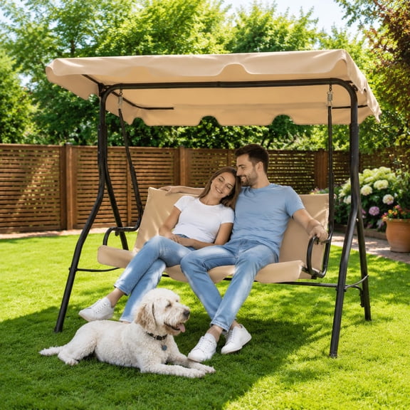 3 Seat Outdoor Porch Swing with Adjustable Canopy, Patio Swing Chair with Stand, Metal Frame, Thick Cushions, 500 lb Capacity, Outdoor Swings for Adults, Backyard Garden Deck, Black, Khaki