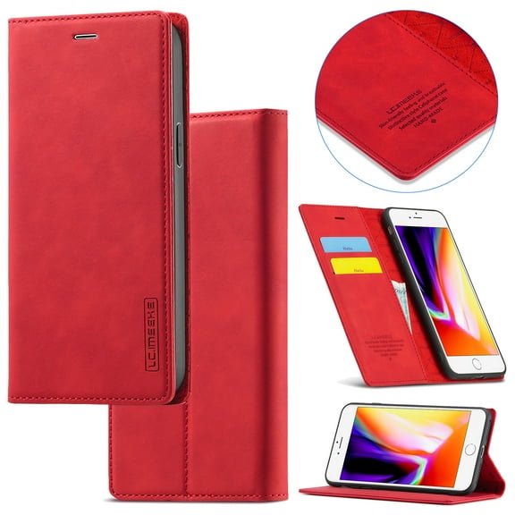 Compatible with iPhone 7 / 8 / SE 2020 / SE 2022 Wallet Case, PU Leather Flip Folio Case with Card Holders RFID Blocking Kickstand [Shockproof TPU Inner Shell] Phone Cover, Red