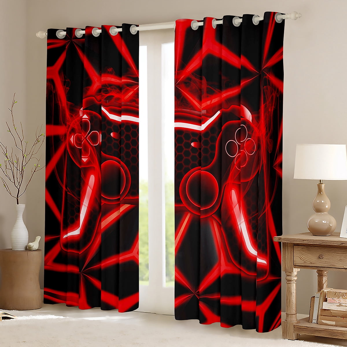 Erosebridal Red Gamepads Curtains Pack of 2 (42Wx63L),Video Game 30%-50% Black Out Curtains,Geometric Plaid Curtains for Living Room (42Wx63L),Male Bedroom Decor