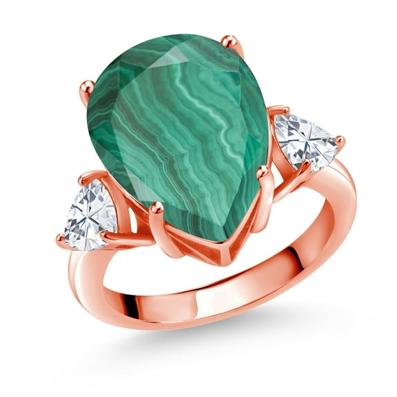 Gem Stone King 18K Rose Gold Plated Silver 3-Stone Ring Pear Shape Green Malachite and Moissanite (10.94 Cttw, Size 8)