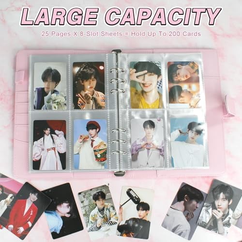 A5 Kpop Photocard Binder, 6 Ring Binder Album with 200 Card Slots, PU Leather Binder Cover with Magnetic Buckle Closure for Organizing Trading Cards - Pink