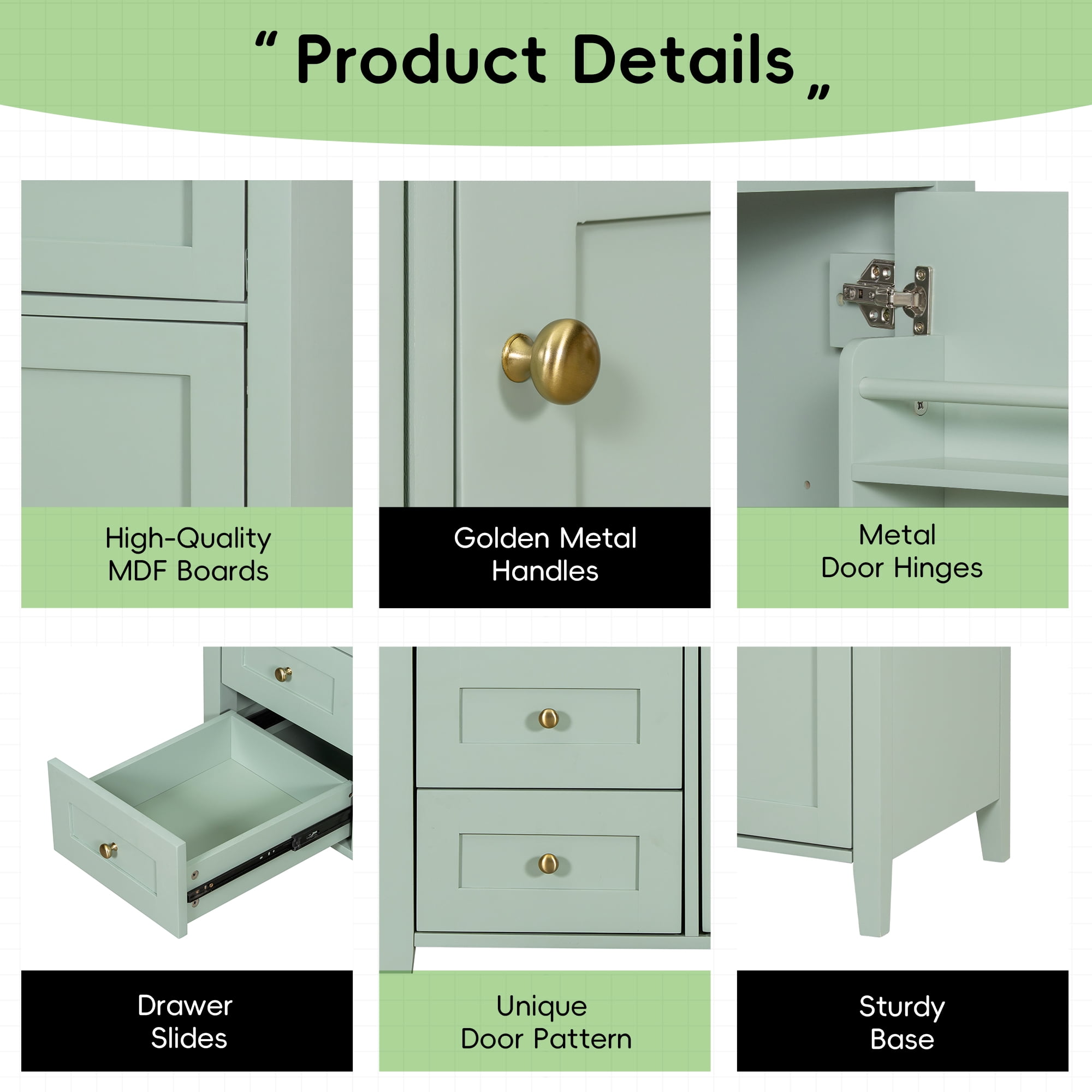 Euroco 36-Inch Green Bathroom Vanity with Sink, Modern MDF and Rubberwood Cabinet with 3 Drawers and Adjustable Shelf, Freestanding Vanity for Bathroom Storage and Organization