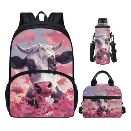FOR U DESIGNS Cow Backpack and Lunchbox for Girls 9-10 Pink Flower Schoolbags 4th Grade Primary School Book Bag for Kids with Lunch Bag Water Bottle Sling Bag 3 in 1 Bookbag with Lunch Tote Bag